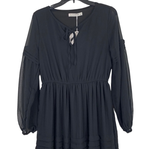 RUSTTYDUSTTY Black Tiered Sheer Long Sleeve Polyester Chiffon Dress Medium NEW - Picture 3 of 11